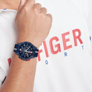 1792169 tommy hilfiger watch chronograph men blue dial rubber strap quartz analog bank 12
