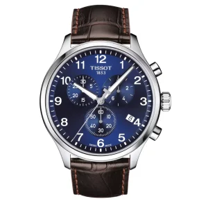 Montre Tissot Chrono XL Classic Cadran Bleu Bracelet Cuir Marron homme – vue de face, cadran bleu, marron, bracelet cuir – Maroc