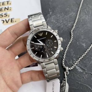 ar11241 emporio armani watch men black dial stainless steel metal silver strap quartz analog chronograph mario 9