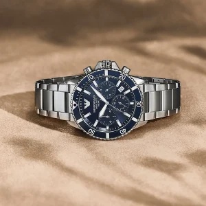 ar11681 emporio armani watch 100m 330ft men solar powered blue dial metal stainless steel silver strap quartz analog chronograph world explorer 11