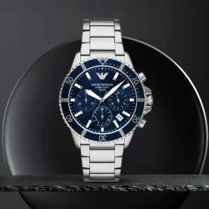 ar11681 emporio armani watch 100m 330ft men solar powered blue dial metal stainless steel silver strap quartz analog chronograph world explorer 12