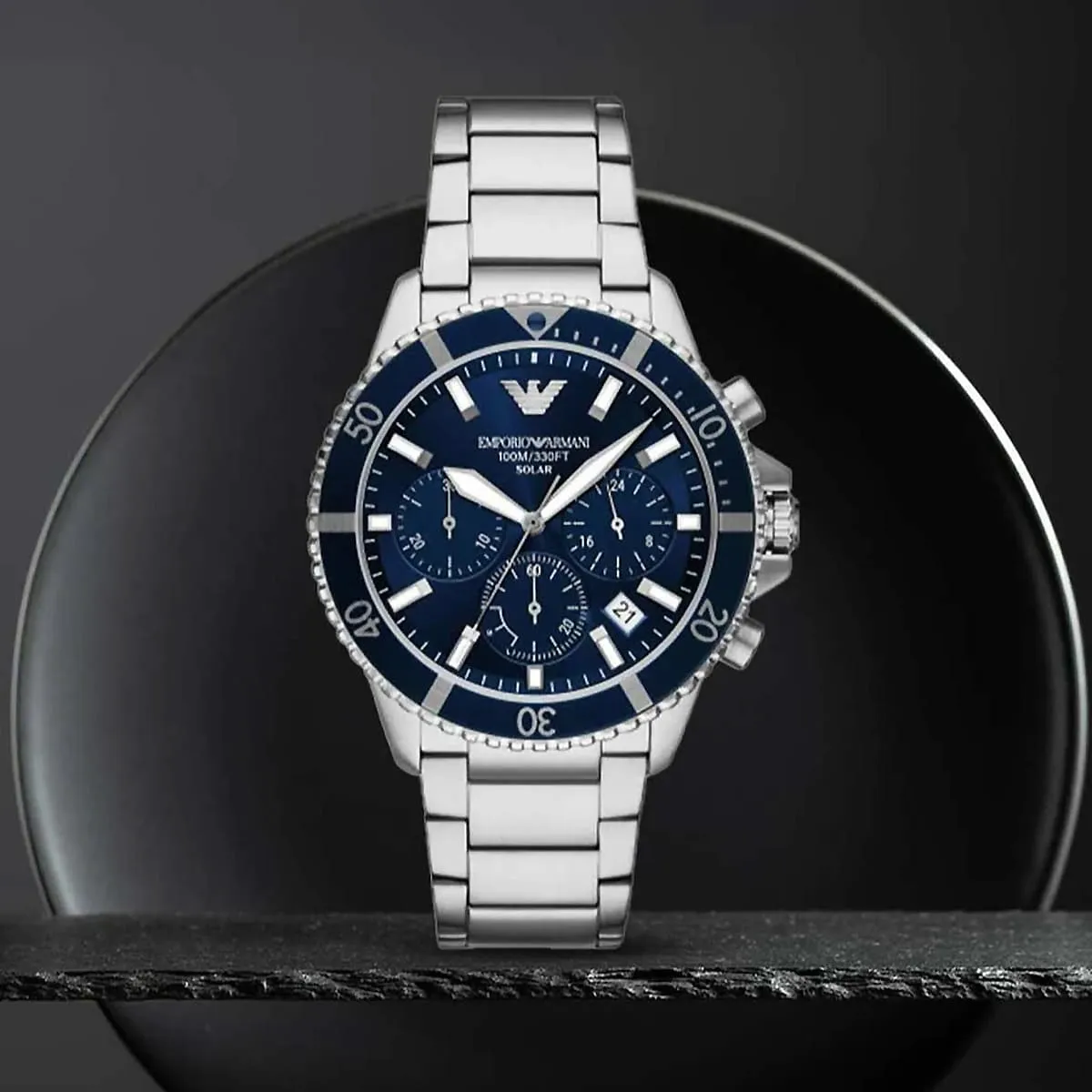 ar11681 emporio armani watch 100m 330ft men solar powered blue dial metal stainless steel silver strap quartz analog chronograph world explorer 12 ar11681 emporio armani watch 100m 330ft men solar powered blue dial metal stainless steel silver strap quartz analog chronograph world explorer 12