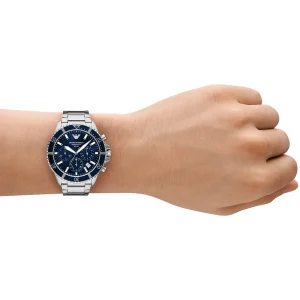 ar11681 emporio armani watch 100m 330ft men solar powered blue dial metal stainless steel silver strap quartz analog chronograph world explorer 13