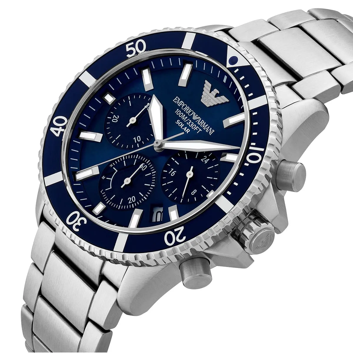 ar11681 emporio armani watch 100m 330ft men solar powered blue dial metal stainless steel silver strap quartz analog chronograph world explorer 3 ar11681 emporio armani watch 100m 330ft men solar powered blue dial metal stainless steel silver strap quartz analog chronograph world explorer 3