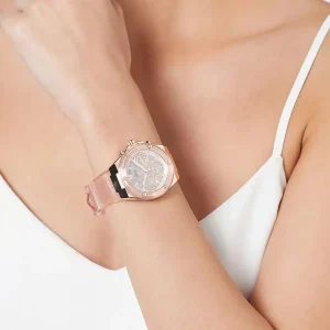 gw0409l3 guess watch women pink dial rubber strap quartz battery analog athena 6