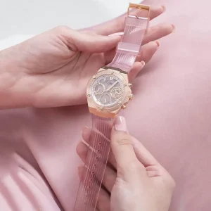 gw0409l3 guess watch women pink dial rubber strap quartz battery analog athena 8