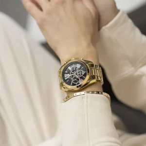 mk5739 michael kors watch women black dial metal stainless steel gold strap quartz battery analog chronograph bradshaw 10