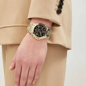 mk5739 michael kors watch women black dial metal stainless steel gold strap quartz battery analog chronograph bradshaw 14