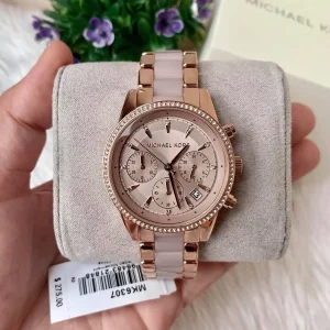 mk6307 michael kors chronograph watch women rose gold dial multi pink golden strap quartz battery analog ritz 10