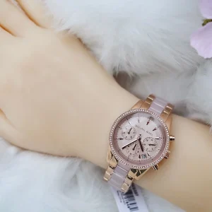 mk6307 michael kors chronograph watch women rose gold dial multi pink golden strap quartz battery analog ritz 12