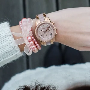 mk6307 michael kors chronograph watch women rose gold dial multi pink golden strap quartz battery analog ritz 13