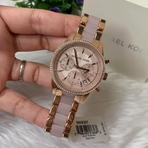 mk6307 michael kors chronograph watch women rose gold dial multi pink golden strap quartz battery analog ritz 7
