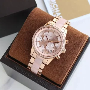 mk6307 michael kors chronograph watch women rose gold dial multi pink golden strap quartz battery analog ritz 8