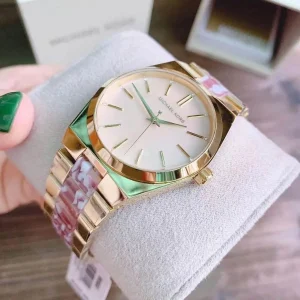 mk6650 michael kors watch women pink dial multi gold strap quartz battery analog three hand channing 10