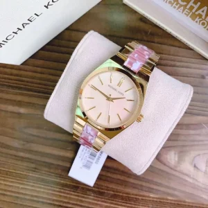 mk6650 michael kors watch women pink dial multi gold strap quartz battery analog three hand channing 11
