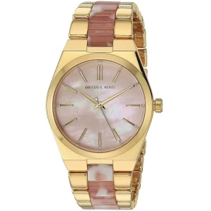 mk6650 michael kors watch women pink dial multi gold strap quartz battery analog three hand channing 2