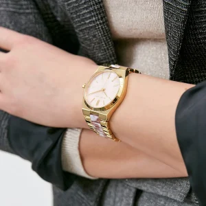 mk6650 michael kors watch women pink dial multi gold strap quartz battery analog three hand channing 5