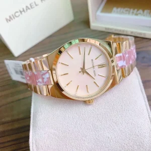 mk6650 michael kors watch women pink dial multi gold strap quartz battery analog three hand channing 8