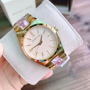 mk6650 michael kors watch women pink dial multi gold strap quartz battery analog three hand channing 9