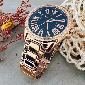 mk6930 michael kors watch women crystals blue dial metal stainless steel rose gold strap quartz battery analog three hand kacie 10