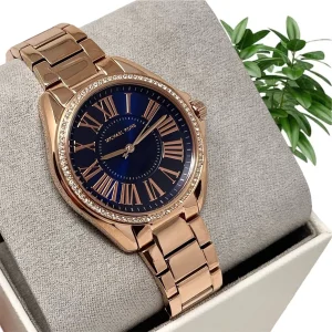 mk6930 michael kors watch women crystals blue dial metal stainless steel rose gold strap quartz battery analog three hand kacie 11
