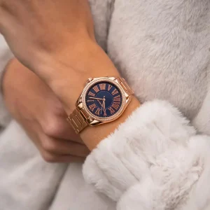 mk6930 michael kors watch women crystals blue dial metal stainless steel rose gold strap quartz battery analog three hand kacie 8