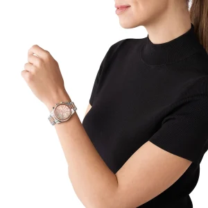 mk7219 michael kors watch women mother of pearl rose gold dial metal stainless steel silver two tone strap quartz battery analog chronograph lexington 15