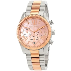 mk7219 michael kors watch women mother of pearl rose gold dial metal stainless steel silver two tone strap quartz battery analog chronograph lexington 2