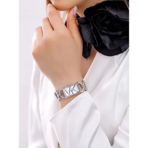 mk7407 michael kors watch women mk logo silver dial metal stainless steel strap quartz battery square analog three hand mk empire 9