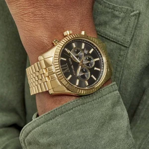 mk8286 michael kors watch men black dial metal stainless steel gold strap quartz battery analog chronograph lexington 14