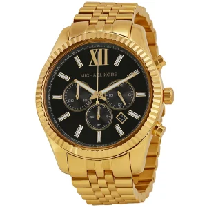 mk8286 michael kors watch men black dial metal stainless steel gold strap quartz battery analog chronograph lexington 2
