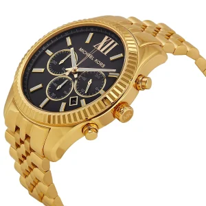 mk8286 michael kors watch men black dial metal stainless steel gold strap quartz battery analog chronograph lexington 3