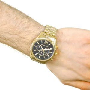 mk8286 michael kors watch men black dial metal stainless steel gold strap quartz battery analog chronograph lexington 7