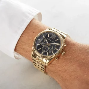 mk8286 michael kors watch men black dial metal stainless steel gold strap quartz battery analog chronograph lexington 8