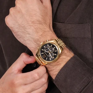 mk8286 michael kors watch men black dial metal stainless steel gold strap quartz battery analog chronograph lexington 9
