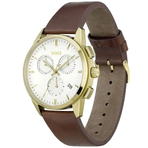 1513926 hugo boss watch men white dial leather brown strap quartz battery analog chronograph dapper 4