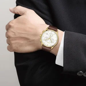1513926 hugo boss watch men white dial leather brown strap quartz battery analog chronograph dapper 5