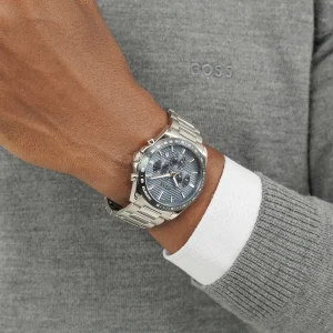 1514240 hugo boss watch men blue dial stainless steel metal silver strap quartz battery analog chronograph strike 7