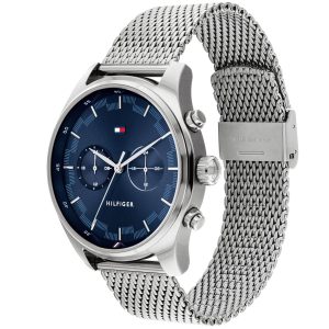 1710420 tommy hilfiger watch men blue dial stainless steel metal silver mesh strap quartz analog dual time sawyer 2