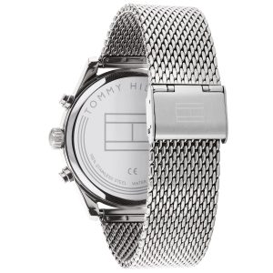 1710420 tommy hilfiger watch men blue dial stainless steel metal silver mesh strap quartz analog dual time sawyer 3
