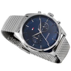 1710420 tommy hilfiger watch men blue dial stainless steel metal silver mesh strap quartz analog dual time sawyer 4