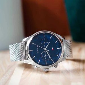 1710420 tommy hilfiger watch men blue dial stainless steel metal silver mesh strap quartz analog dual time sawyer 5