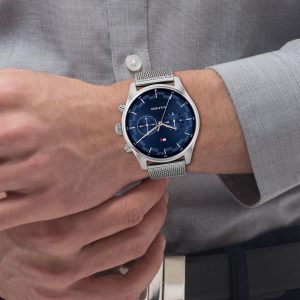1710420 tommy hilfiger watch men blue dial stainless steel metal silver mesh strap quartz analog dual time sawyer 7
