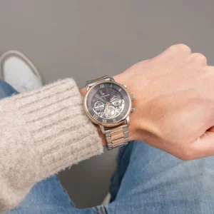 1710570 tommy hilfiger watch men black dial metal stainless steel silver rose gold strap quartz battery analog three hand legend 5