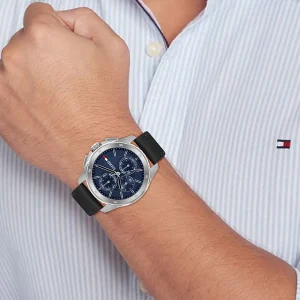 1710619 tommy hilfiger watch 5atm water resist men navy dial leather black strap quartz analog walker 7