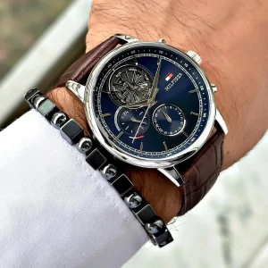 1710629 tommy hilfiger watch established in 1985 men navy dial leather brown strap quartz analog stewart 6