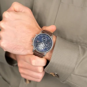 1710629 tommy hilfiger watch established in 1985 men navy dial leather brown strap quartz analog stewart 7