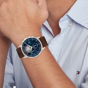 1710629 tommy hilfiger watch established in 1985 men navy dial leather brown strap quartz analog stewart 8