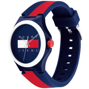 1720025 tommy hilfiger watch jeans unisex blue dial rubber red strap quartz battery analog three hand berlin 2