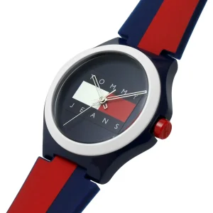 1720025 tommy hilfiger watch jeans unisex blue dial rubber red strap quartz battery analog three hand berlin 3